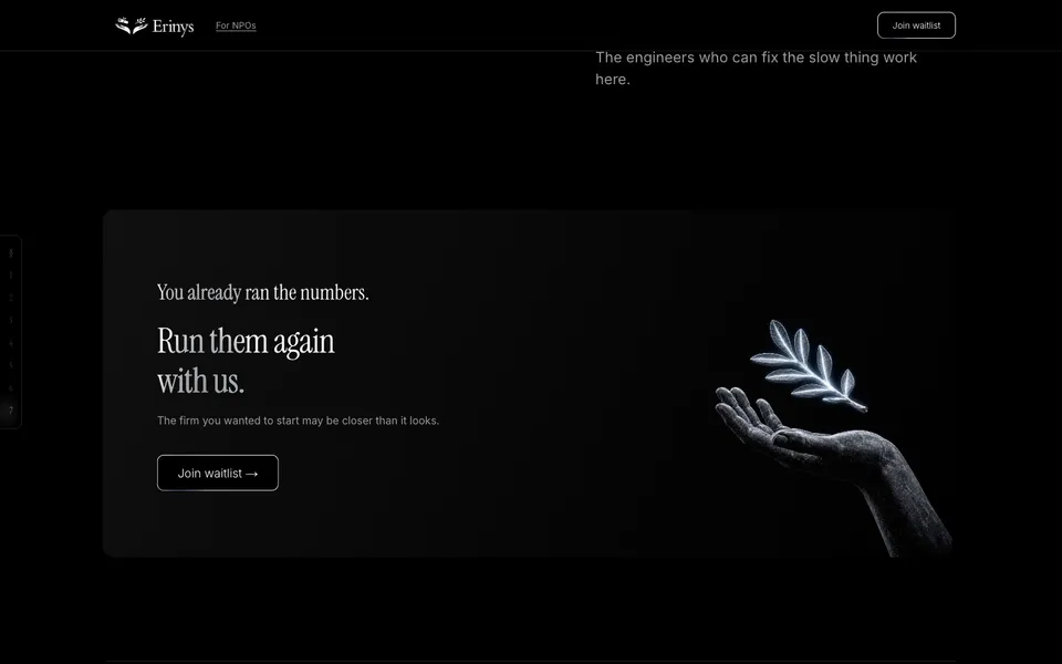 Erinys closing homepage design evidence. Closing viewport evidence; animated text state captured.