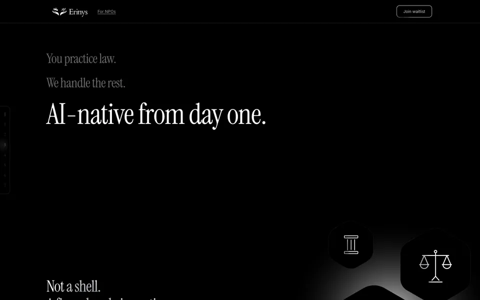 Erinys mid-page homepage design evidence. Mid-page viewport evidence; animated text state captured.