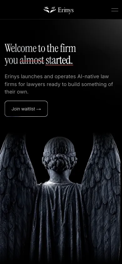 Erinys mobile homepage design evidence. Mobile viewport evidence; animated text state captured.