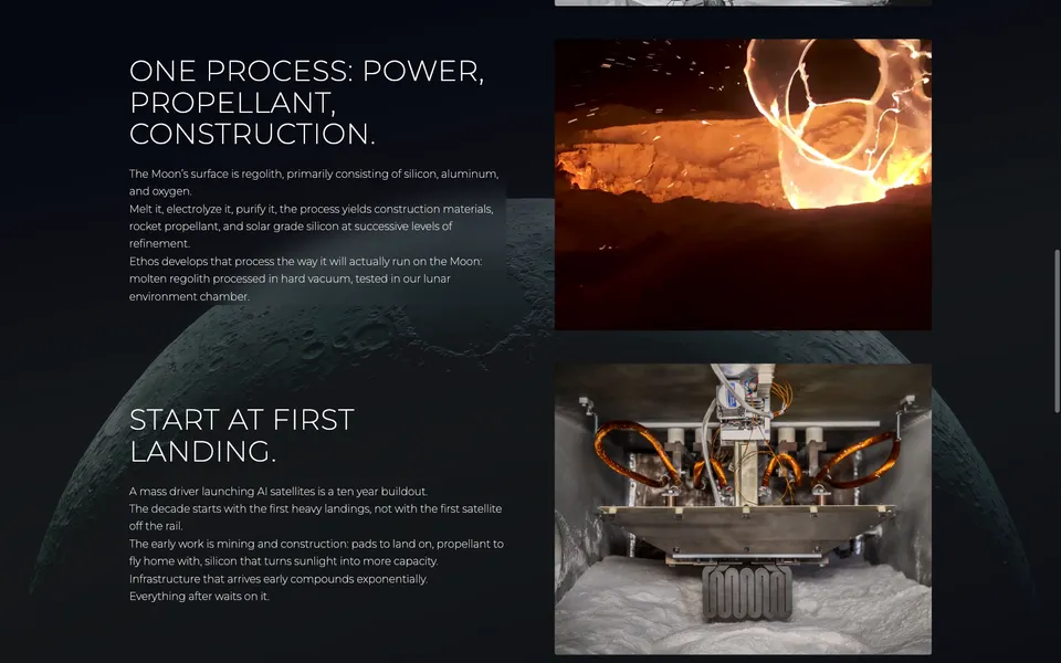 Ethos Space Resources mid-page homepage design evidence. Visible section: One Process: Power, Propellant, Construction. · Start at First Landing.