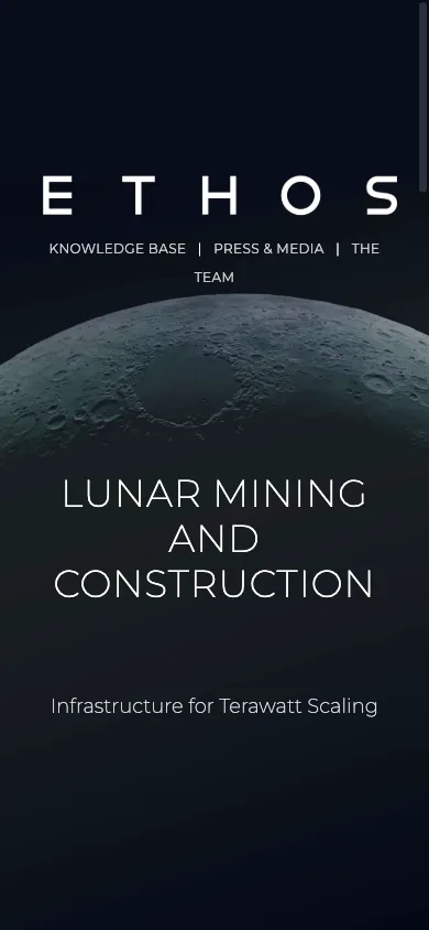Ethos Space Resources mobile homepage design evidence. Visible section: LUNAR MINING AND CONSTRUCTION