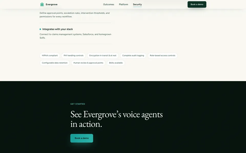 Evergrove closing homepage design evidence. Visible section: Human control · Integrates with your stack