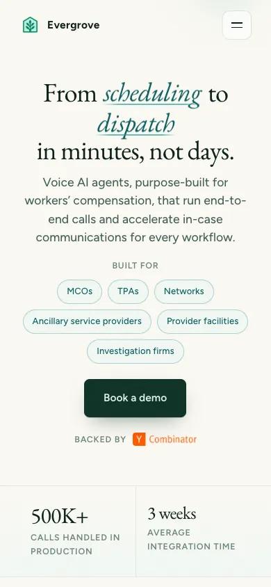 Evergrove mobile homepage design evidence. Visible section: From to in minutes, not days.