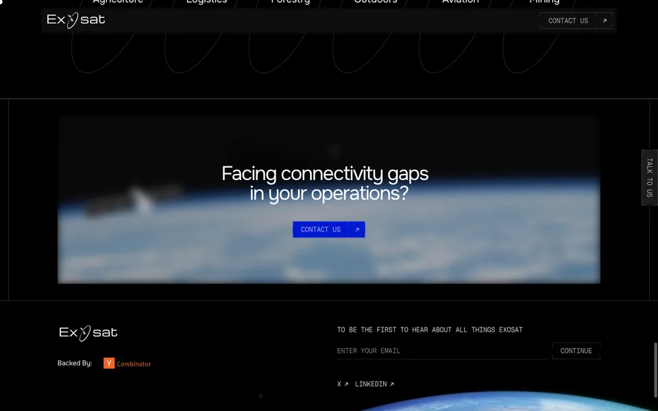 Exosat closing homepage design evidence. Closing viewport evidence; animated text state captured.