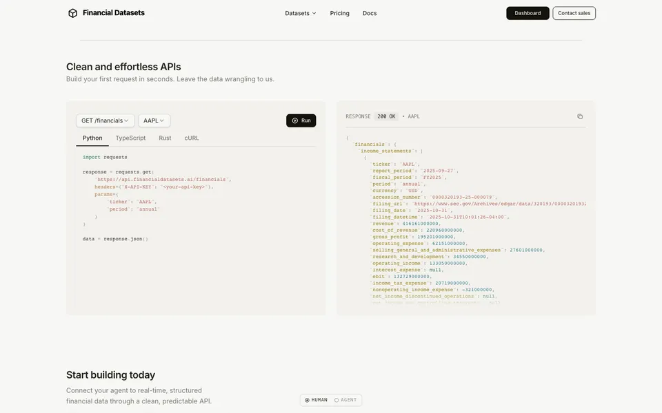 Financial Datasets closing homepage design evidence. Closing viewport evidence; animated text state captured.
