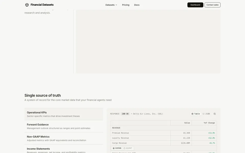 Financial Datasets mid-page homepage design evidence. Mid-page viewport evidence; animated text state captured.