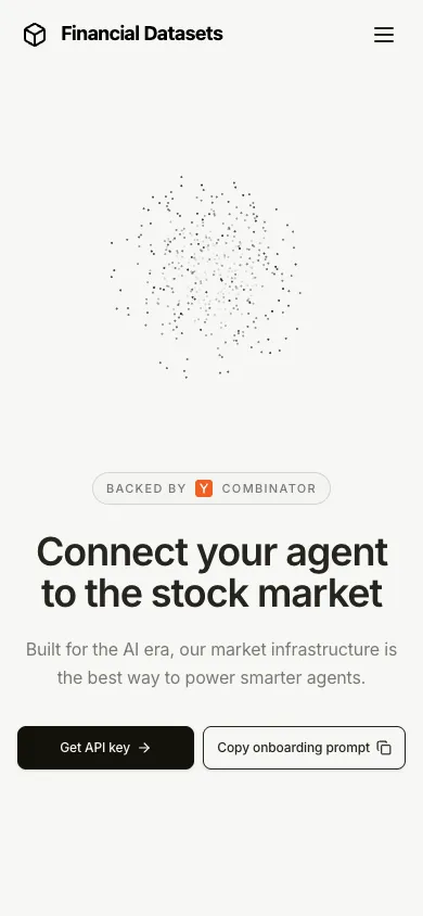 Financial Datasets mobile homepage design evidence. Mobile viewport evidence; animated text state captured.