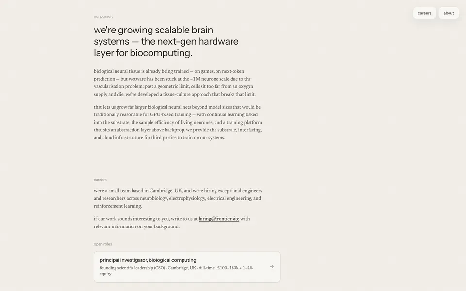 Frontier Computing closing homepage design evidence. Visible section: we're growing scalable brain systems — the next-gen hardware layer for biocomputing.
