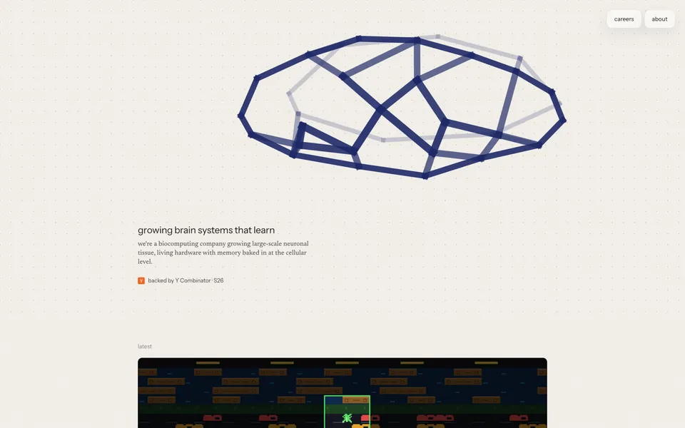 Frontier Computing hero homepage design evidence. Visible section: growing brain systems that learn