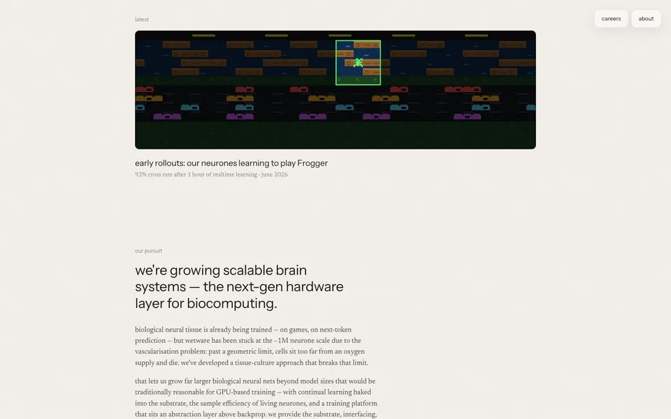 Frontier Computing mid-page homepage design evidence. Visible section: early rollouts: our neurones learning to play Frogger · we're growing scalable brain systems — the next-gen hardware layer for biocomputing.