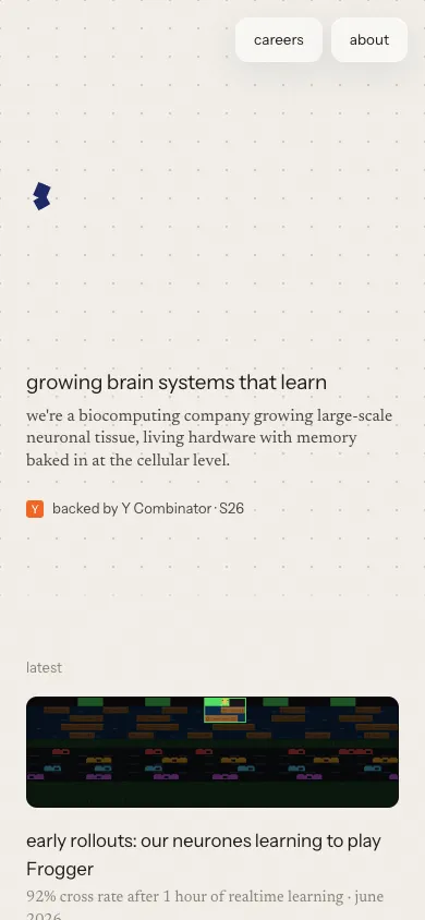 Frontier Computing mobile homepage design evidence. Visible section: growing brain systems that learn · early rollouts: our neurones learning to play Frogger