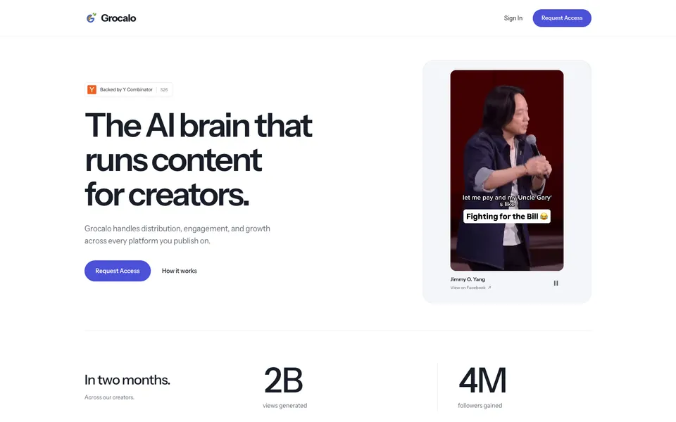 Grocalo hero homepage design evidence. Visible section: The AI brain that runs content for creators. · In two months.