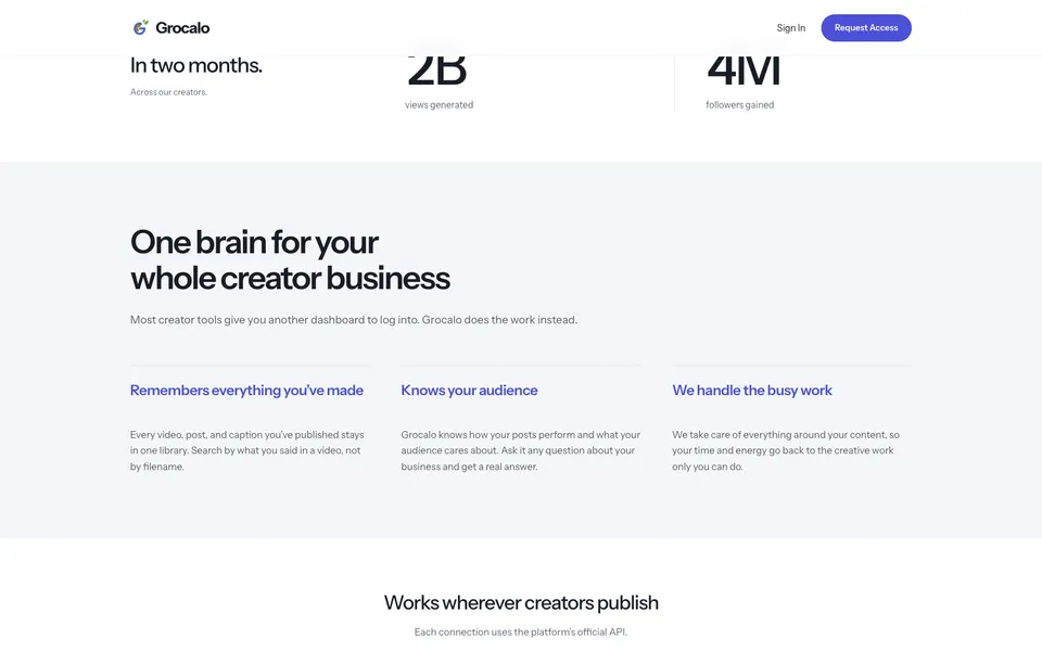 Grocalo mid-page homepage design evidence. Visible section: In two months. · One brain for your whole creator business