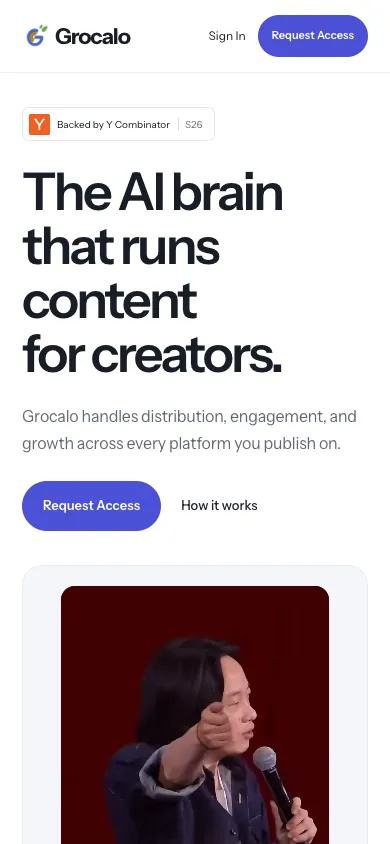 Grocalo mobile homepage design evidence. Visible section: The AI brain that runs content for creators.