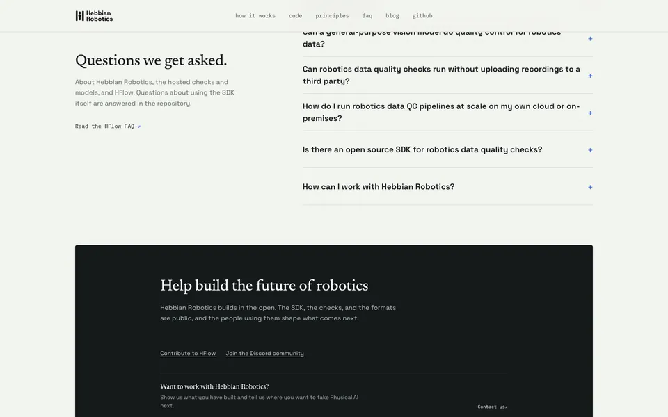 Hebbian Robotics closing homepage design evidence. Visible section: Questions we get asked. · Help build the future of robotics