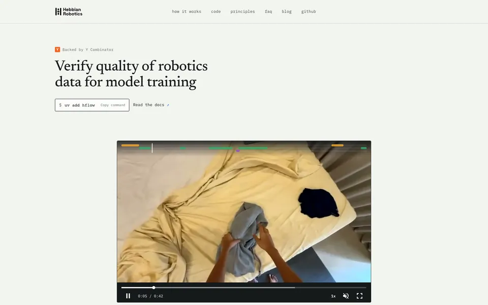 Hebbian Robotics hero homepage design evidence. Visible section: Verify quality of robotics data for model training