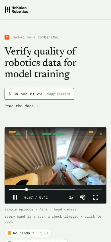 Hebbian Robotics mobile homepage design evidence. Visible section: Verify quality of robotics data for model training