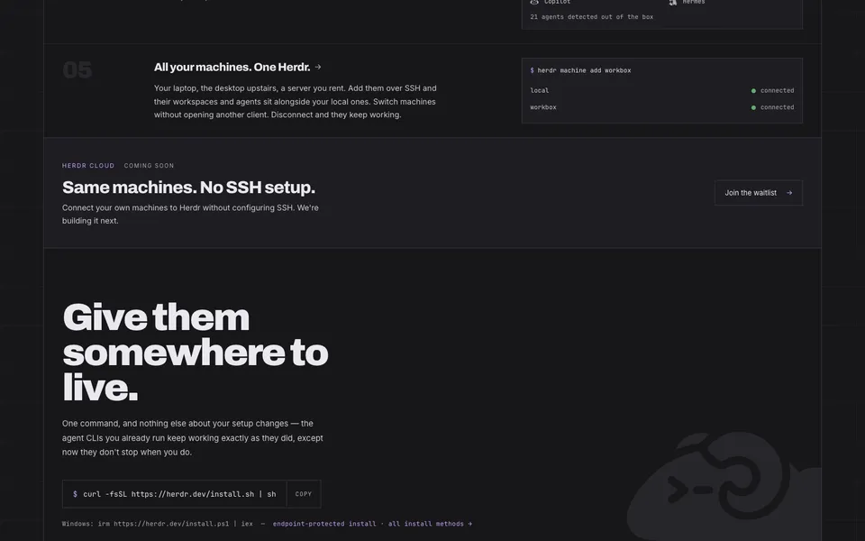 herdr closing homepage design evidence. Visible section: All your machines. One Herdr. → · Same machines. No SSH setup.