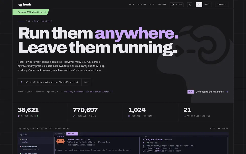 herdr hero homepage design evidence. Visible section: Run them anywhere. Leave them running.