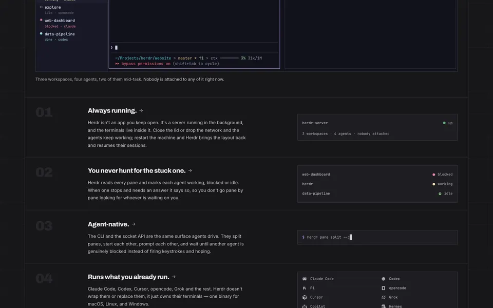 herdr mid-page homepage design evidence. Visible section: Always running. → · You never hunt for the stuck one. →