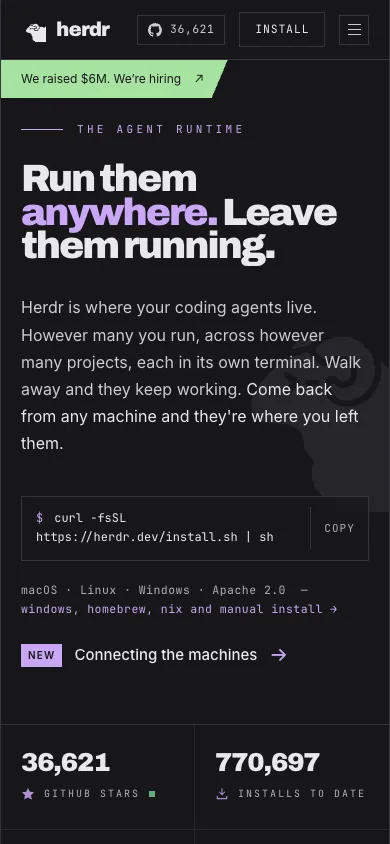 herdr mobile homepage design evidence. Visible section: Run them anywhere. Leave them running.
