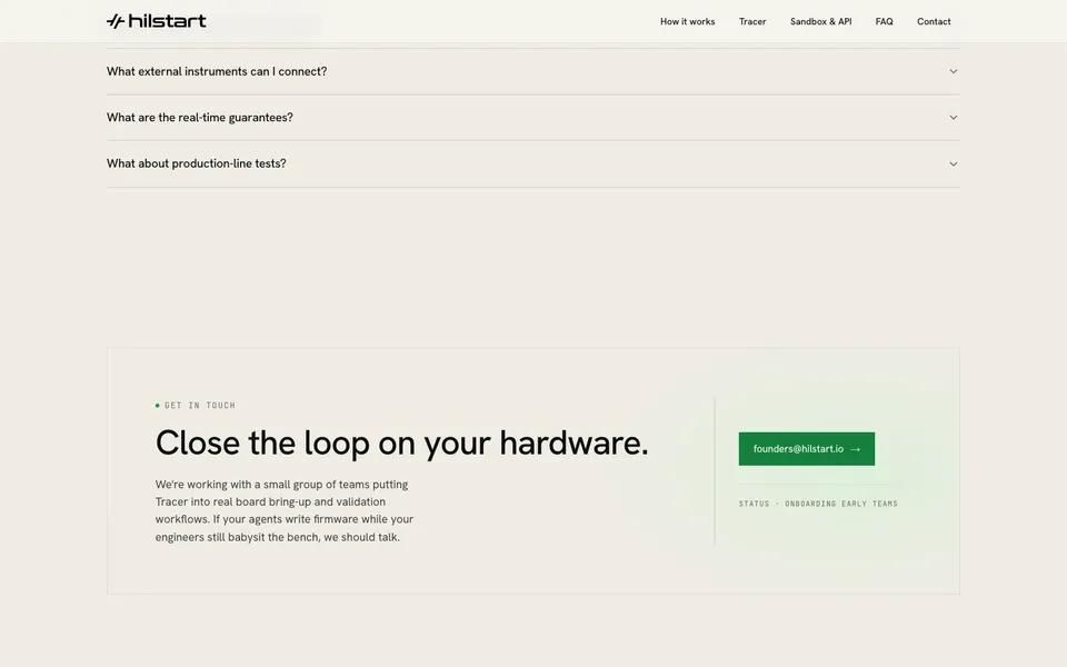 Hilstart closing homepage design evidence. Visible section: Close the loop on your hardware.