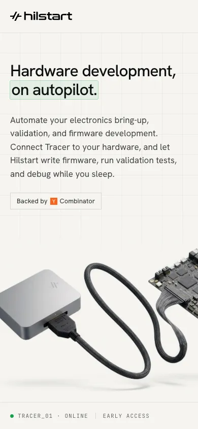Hilstart mobile homepage design evidence. Visible section: Hardware development, on autopilot.