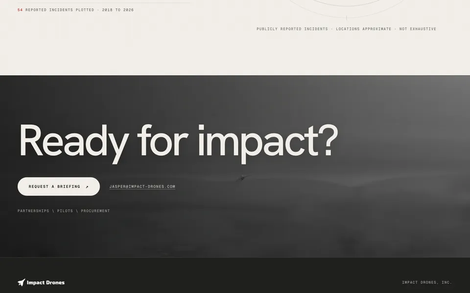 IMPACT Drones closing homepage design evidence. Visible section: Ready for impact?