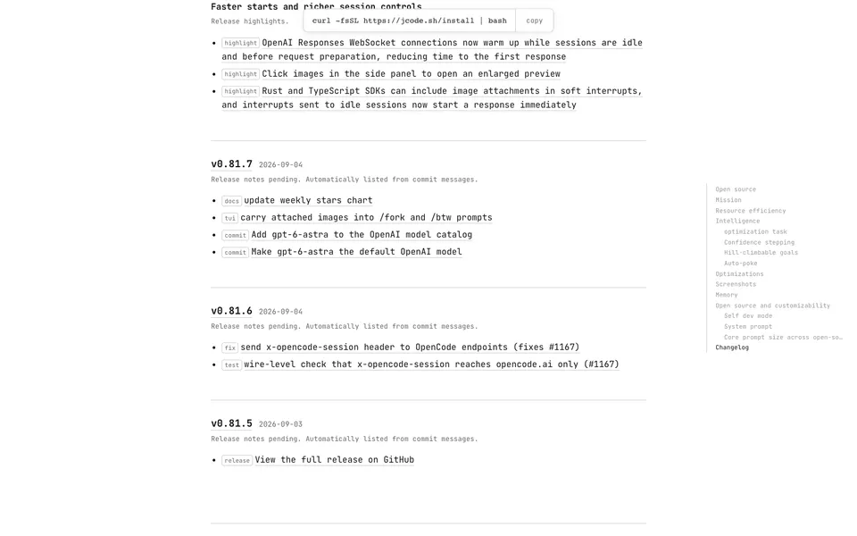 Jcode closing homepage design evidence. Visible section: v0.81.7 · v0.81.6