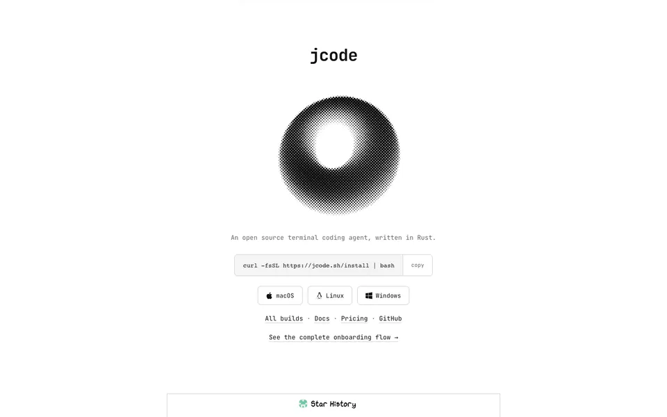 Jcode hero homepage design evidence. Visible section: jcode