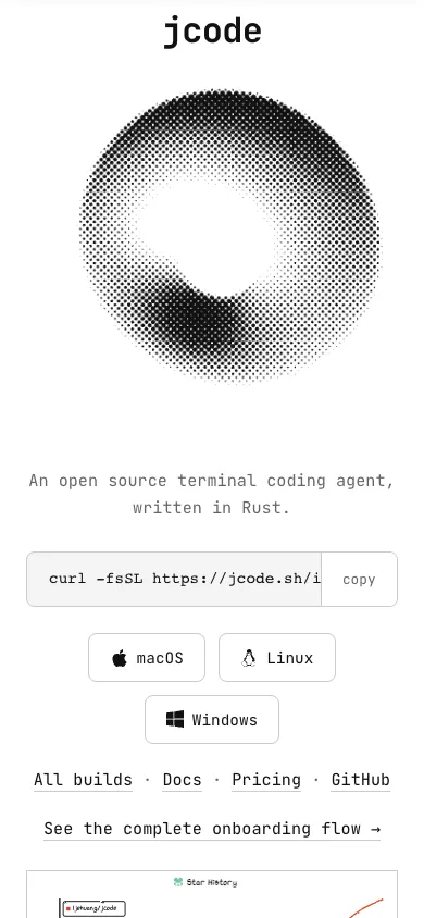 Jcode mobile homepage design evidence. Visible section: jcode