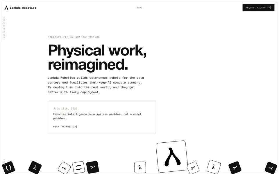 Lambda Robotics hero homepage design evidence. Visible section: Physical work, reimagined.