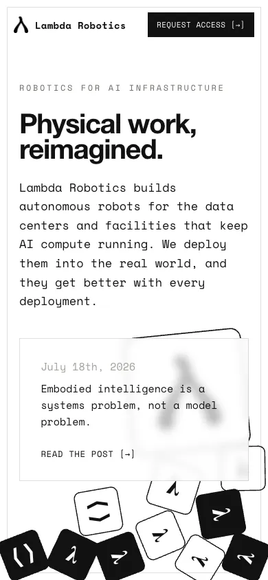 Lambda Robotics mobile homepage design evidence. Visible section: Physical work, reimagined.