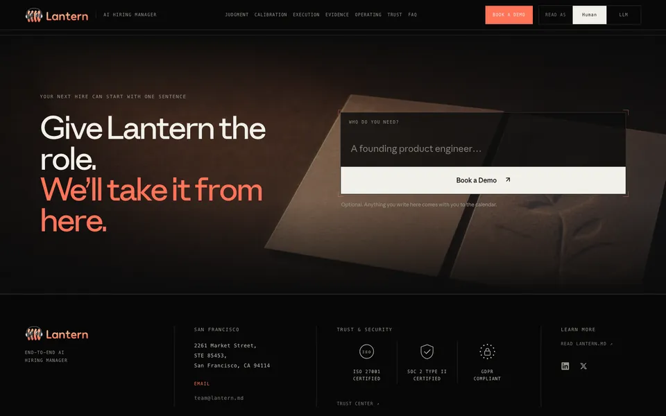 Lantern AI closing homepage design evidence. Visible section: Give Lantern the role. We’ll take it from here.