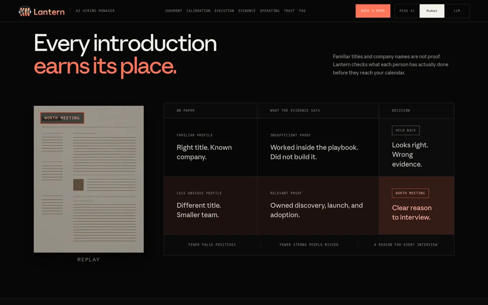 Lantern AI mid-page homepage design evidence. Visible section: Every introduction earns its place.