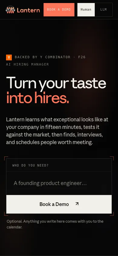 Lantern AI mobile homepage design evidence. Visible section: Turn your taste into hires.