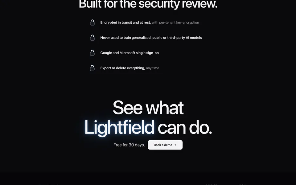 Lightfield closing homepage design evidence. Visible section: Built for the security review. · See what Lightfield can do.