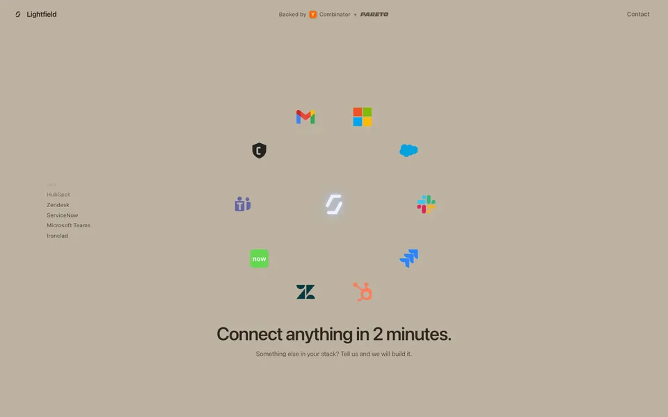 Lightfield mid-page homepage design evidence. Visible section: Connect anything in 2 minutes.