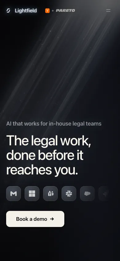 Lightfield mobile homepage design evidence. Visible section: The legal work, done before it reaches you.