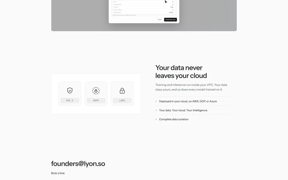 Lyon closing homepage design evidence. Visible section: Your data never leaves your cloud