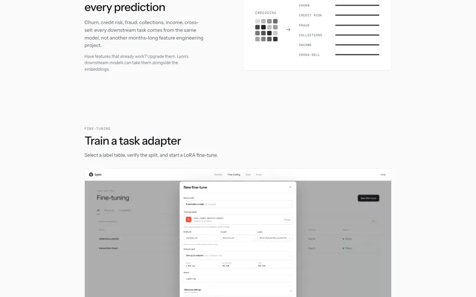 Lyon mid-page homepage design evidence. Visible section: Train a task adapter