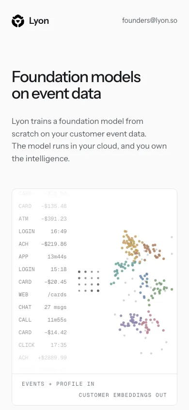 Lyon mobile homepage design evidence. Visible section: Foundation models on event data