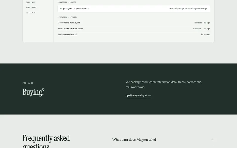 Magma mid-page homepage design evidence. Visible section: Buying? · Frequently asked questions.