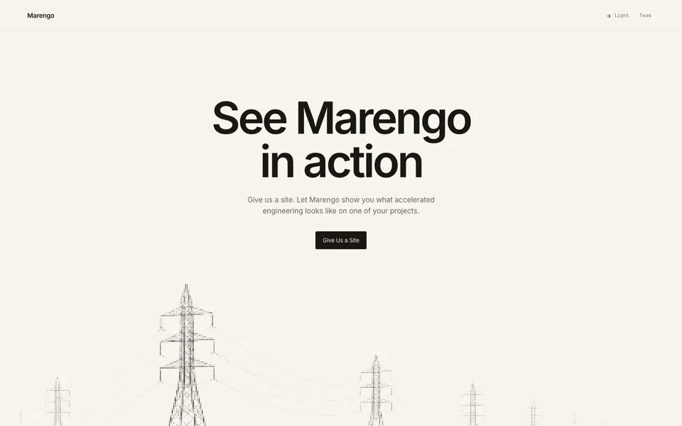 Marengo closing homepage design evidence. Visible section: See Marengo in action