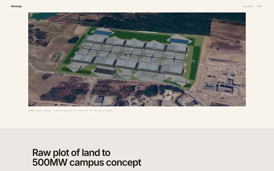 Marengo mid-page homepage design evidence. Visible section: Raw plot of land to 500MW campus concept