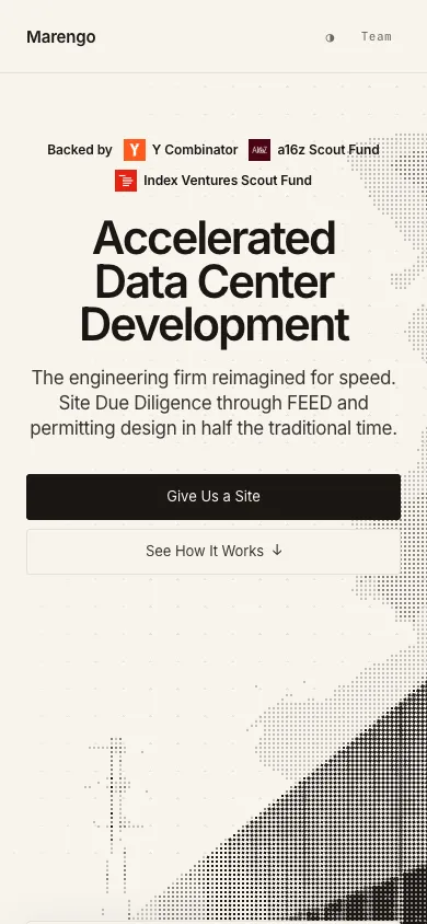 Marengo mobile homepage design evidence. Visible section: Accelerated Data Center Development