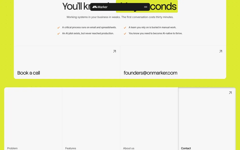 Marker closing homepage design evidence. Closing viewport evidence; animated text state captured.