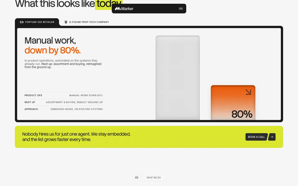 Marker mid-page homepage design evidence. Mid-page viewport evidence; animated text state captured.