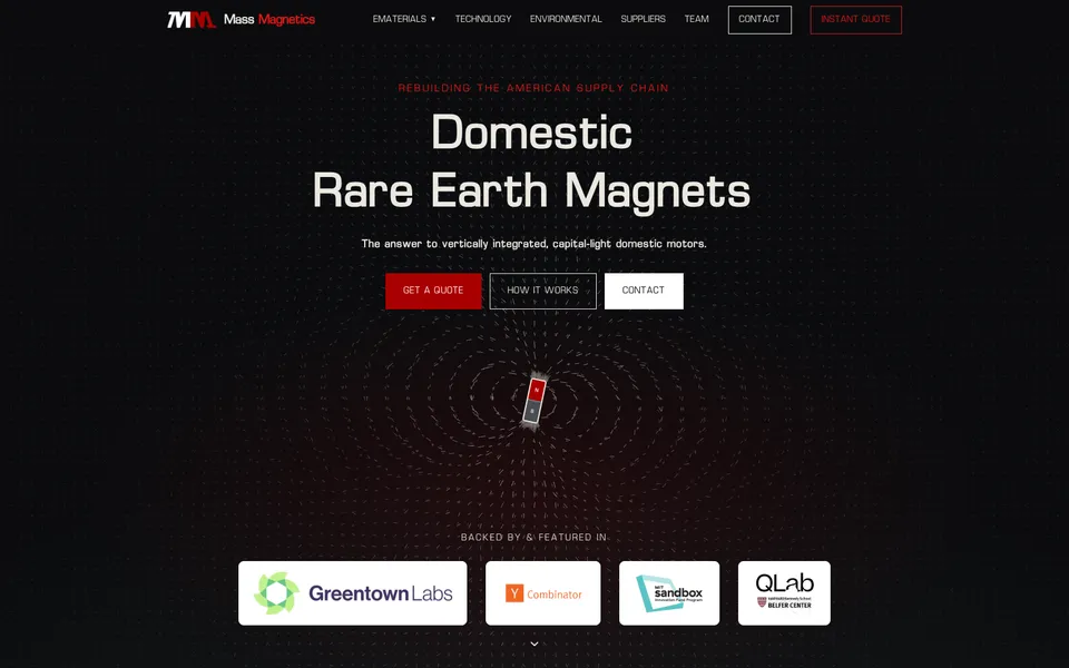 Mass Magnetics hero homepage design evidence. Visible section: Domestic Rare Earth Magnets
