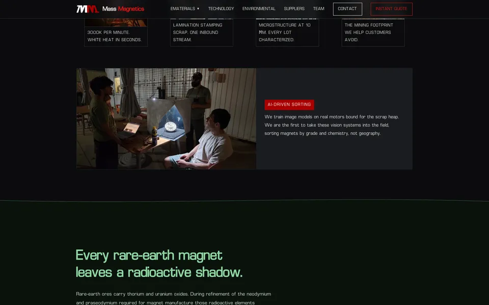 Mass Magnetics mid-page homepage design evidence. Visible section: Every rare-earth magnet leaves a radioactive shadow.